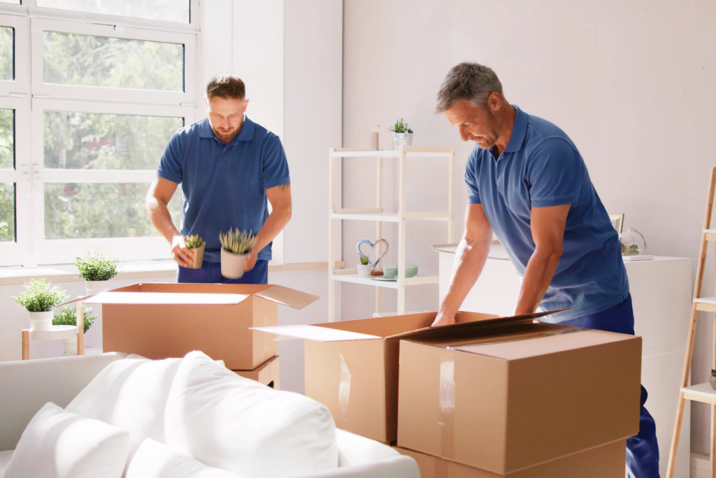 two men moving boxes in an office
